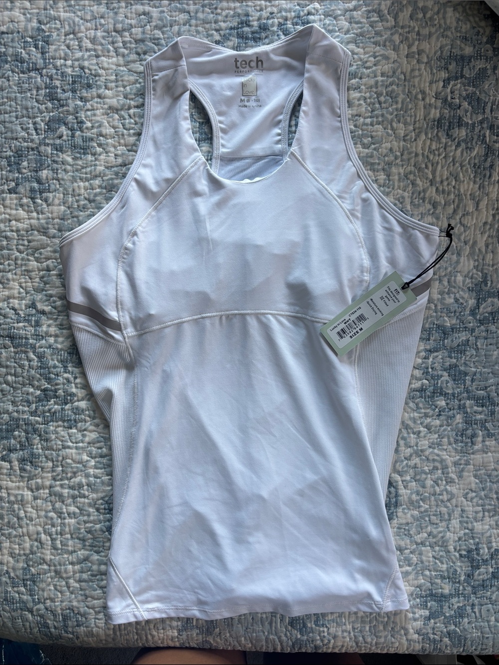 Lucky in Love White Racerback Tank with Shelf Support